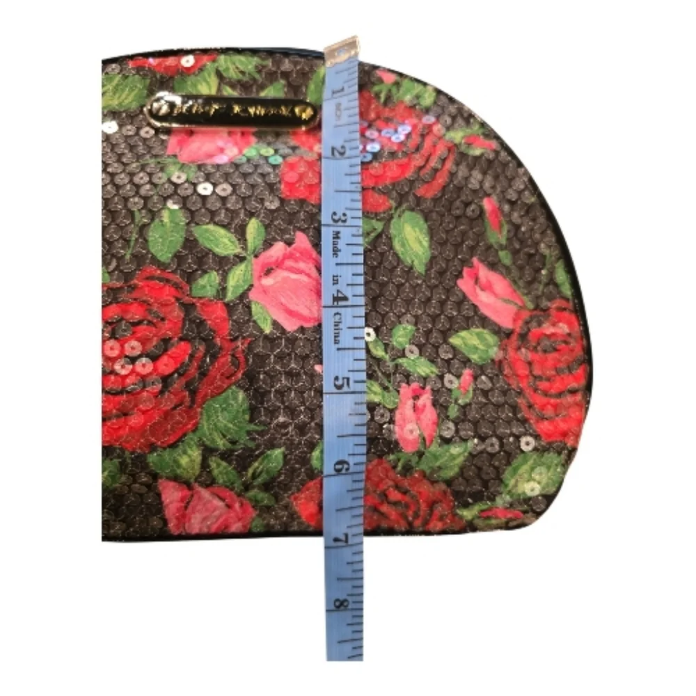 Betsey Johnson Sequined Rose Cosmetic Bag Set of 2 Black Floral Zip Closures